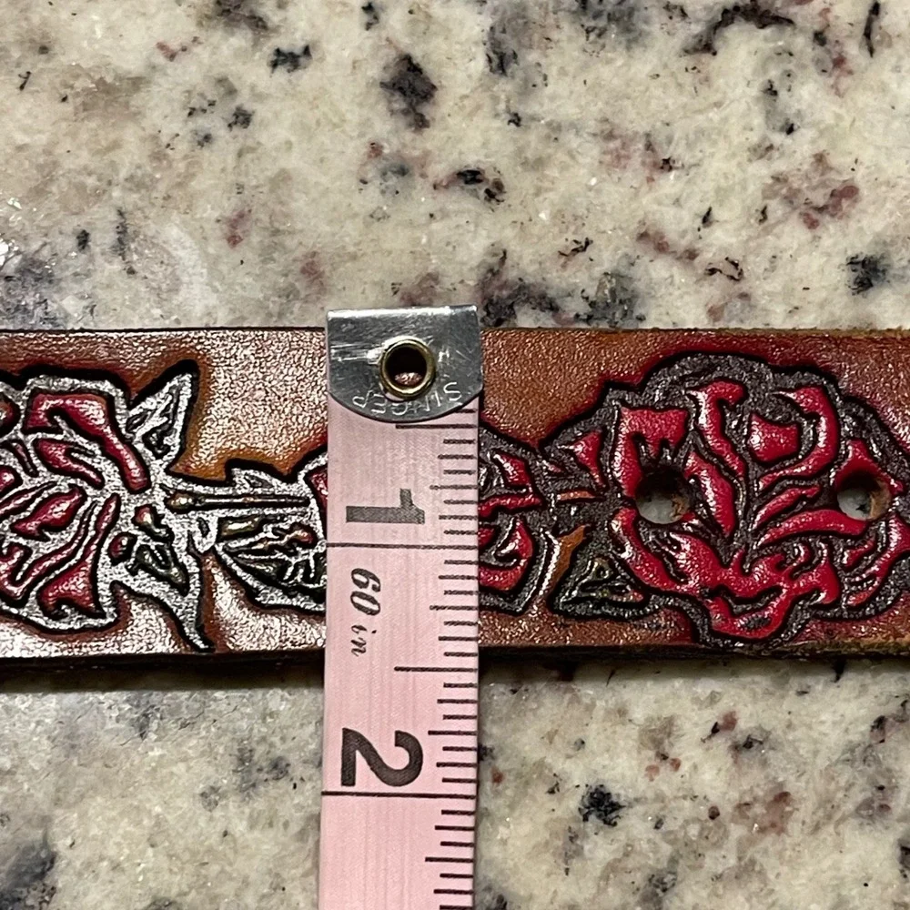BeltStop‎ Tooled Leather Rose Belt Women 34/36 Tan Western Boho Floral Handcraft